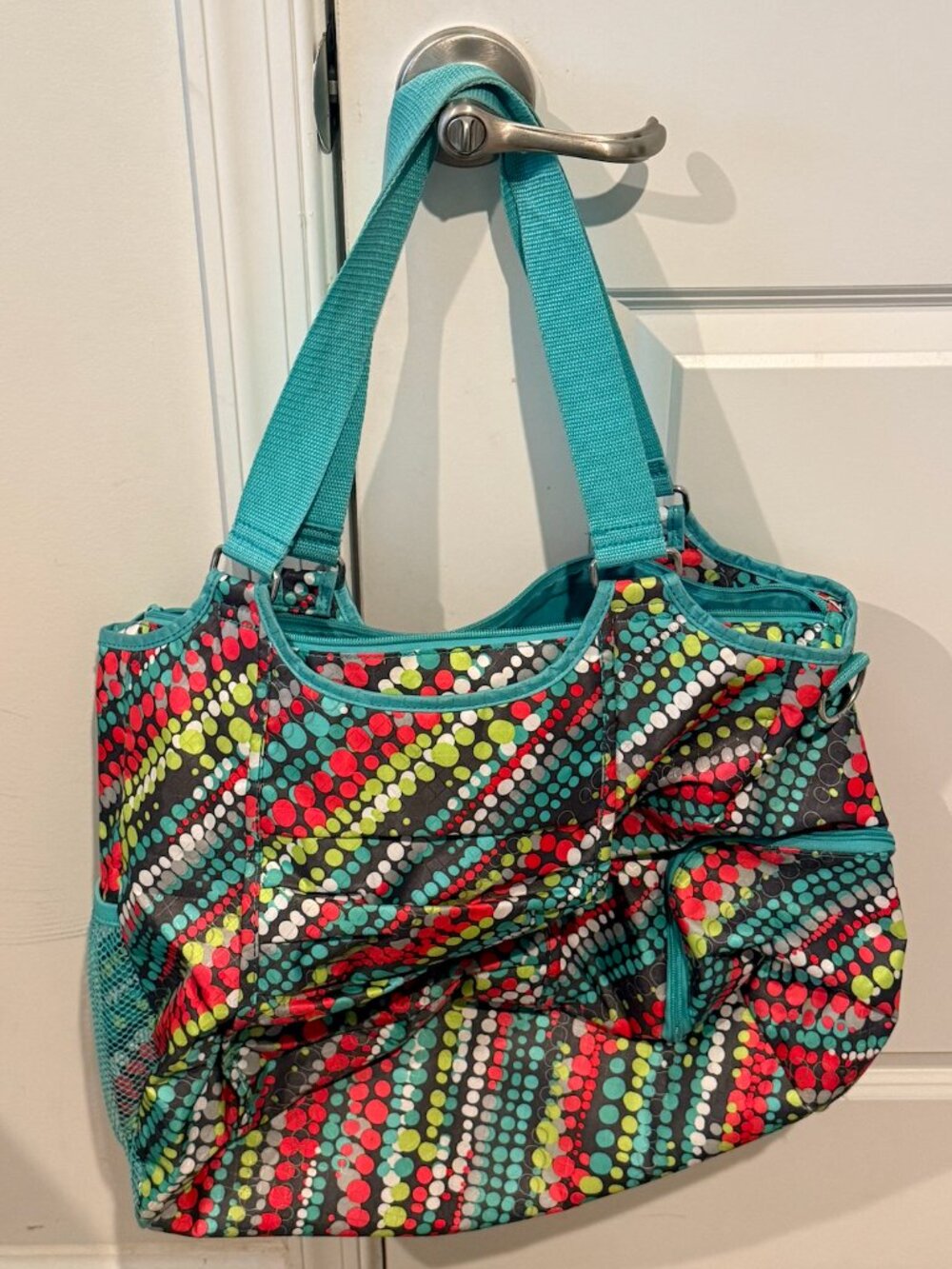 Thirty-One Multi-Pocket Duffle Bag in Vibrant Dot Pattern